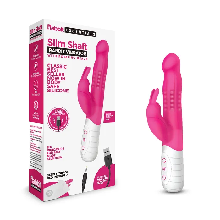 Rabbit Essentials Slim Shaft Rabbit Vibrator with Rotating Beads Female Sex Toys